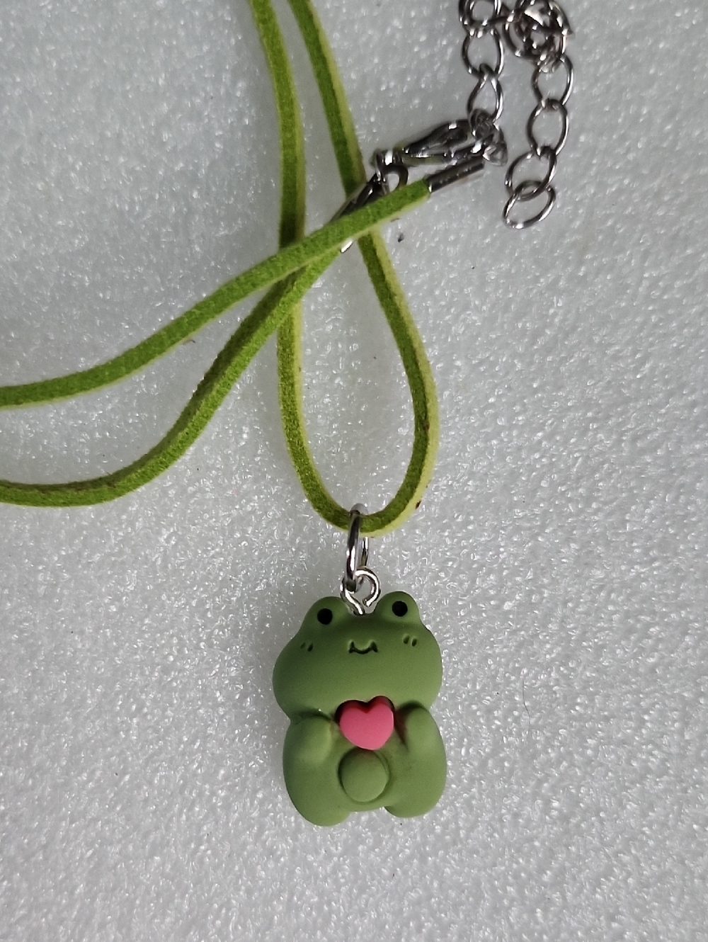 Hand Crafted Green Frog Necklace with Pink Heart Charm